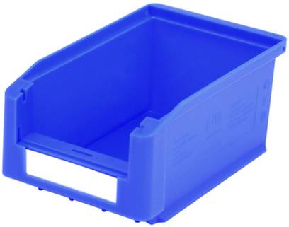 Blauer Kunststoffbehälter mit offenem Frontzugriff, geeignet zur Lagerung von kleinen Gegenständen in industriellen oder häuslichen Umgebungen.