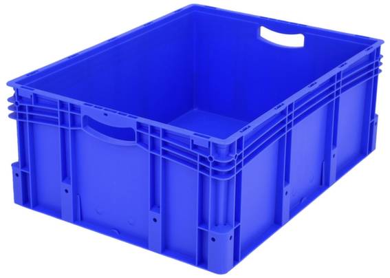 Blaue Kunststoffkiste, leer, mit Tragegriffen an den Seiten. Geeignet für Lagerung und Transport. Robust und stapelbar.
