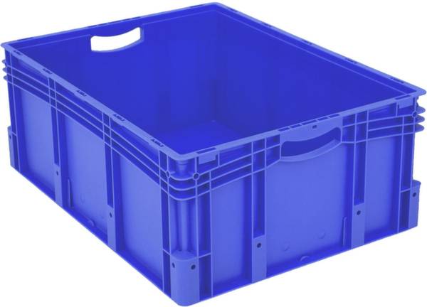 Blaue Kunststoffkiste mit Griffen, leer, rechteckig. Geeignet für Lagerung und Transport.