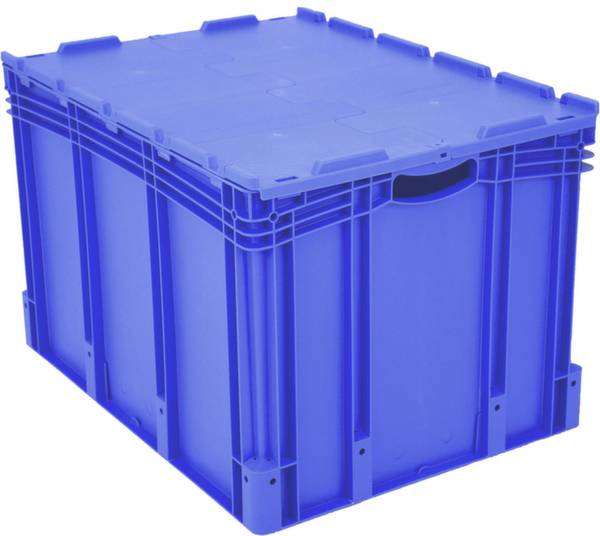 Blauer Stapelbehälter mit geschlossenem Deckel, rechteckige Form, verstärkte Seitenwände, geeignet für Lagerung und Transport.