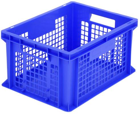 Blaue Kunststoffkiste mit Gitterstruktur und seitlichen Grifföffnungen, leer, auf weißem Hintergrund.