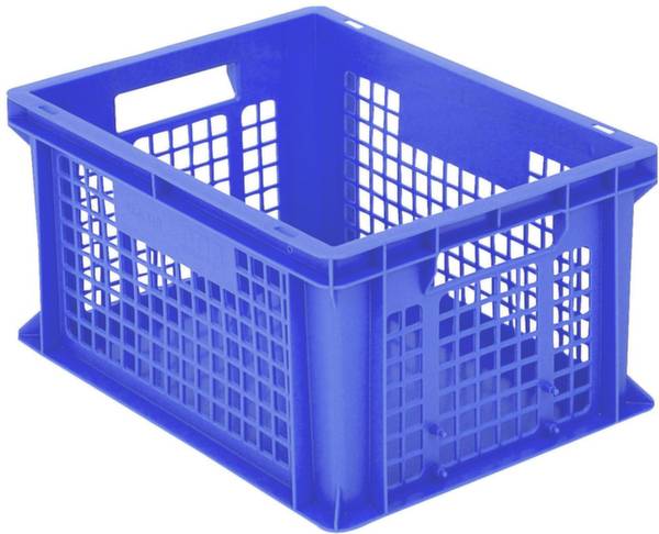 Eine blaue Kunststoffkiste mit Gitterseiten und Tragegriffen, ideal für Lagerung und Transport.