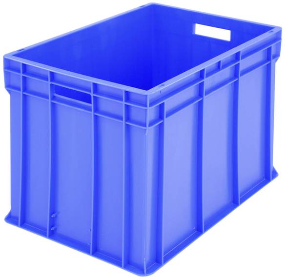 Eine große, rechteckige blaue Kunststoffkiste mit gerippten Seiten und offenen Griffen an den kurzen Enden.