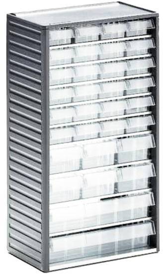 Schubladensystem aus transparentem Kunststoff mit mehreren Fächern zur Lagerung kleiner Gegenstände.