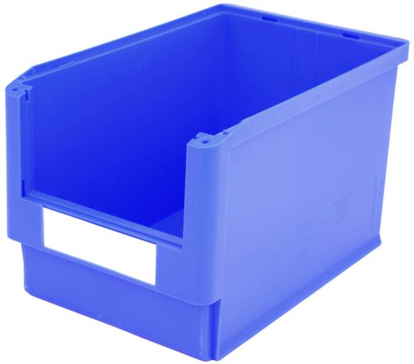 Blaue Aufbewahrungsbox aus Kunststoff mit offenem Vorderteil, geeignet zum Lagern kleinerer Gegenstände.