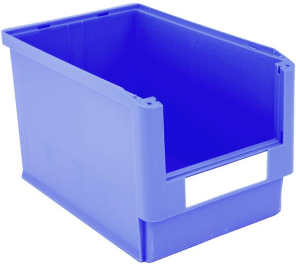 Blauer Kunststoffbehälter mit offener Vorderseite, rechteckig. Ideal zur Aufbewahrung kleiner Gegenstände oder zur Organisation.