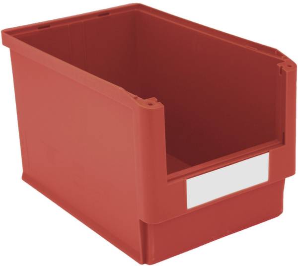Roter Kunststoffbehälter mit offenem Deckel und Etikettenfach an der Vorderseite, geeignet zur Lagerung kleinerer Gegenstände.