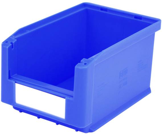 Ein großer, rechteckiger, blauer Kunststoffbehälter mit offenem Vorderteil zur einfachen Lagerung oder Organisation von Gegenständen.