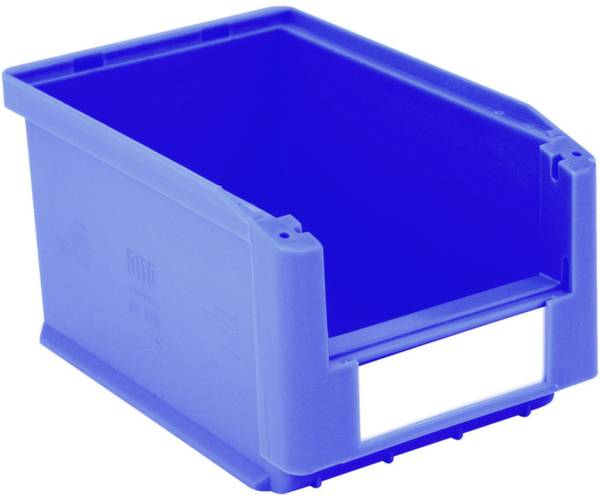 Blauer Plastikbehälter mit offener Vorderseite, ideal zur Lagerung kleinerer Gegenstände.