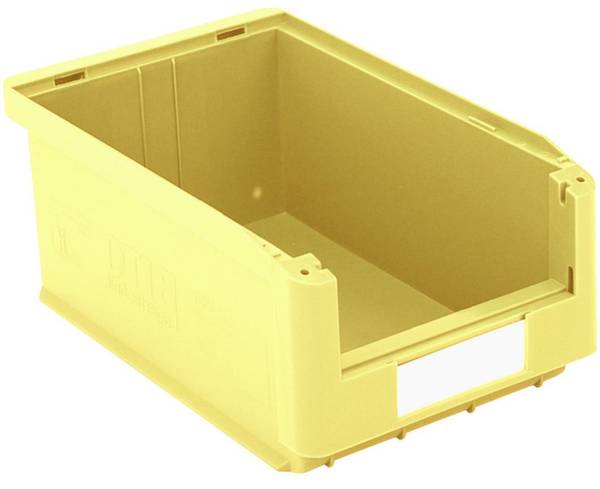 Eine gelbe offene Kunststoffbox mit verstärkten Kanten und einem weißen Etikettenhalter vorne, geeignet zur Lagerung oder Organisation.