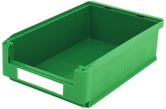 Grüne Kunststoffkiste mit offenen Seiten, rechteckig und stapelbar, geeignet für Lagerung oder Transport.