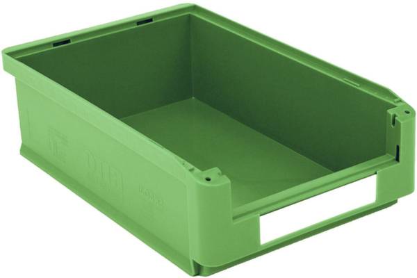 Grüne Kunststoffbox in rechteckiger Form mit Grifföffnung an einer Seite. Ideal zur Lagerung oder zum Transport von Gegenständen.