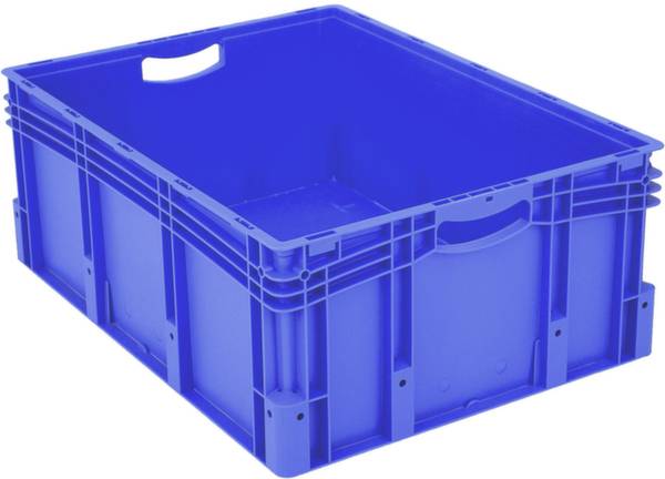 Blaue Kunststoffkiste mit Griffen und verstärkten Ecken, dient zur Aufbewahrung oder Transport von Gegenständen.