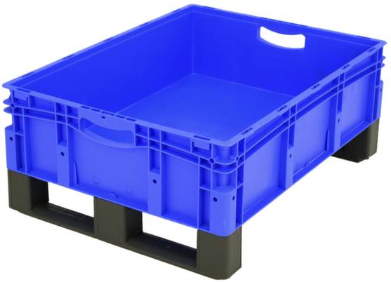 Blaue Transportkiste mit schwarzem Sockel, geeignet für Lagerung und Transport von Waren. Kiste zeigt robustes Design für industrielle Nutzung.
