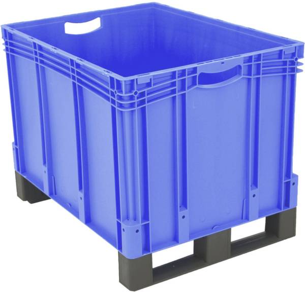 Blaue Kunststoff-Transportbox auf schwarzem Palettenboden; robust strukturiert für Lager- und Transportzwecke.