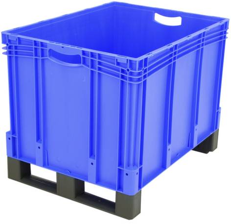Blauer Kunststoffbehälter auf schwarzer Palette, offen an der Oberseite, mit integrierten Griffen. Geeignet für Lagerung und Transport.