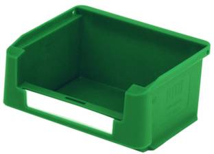 Grüne Kunststoffbox mit offenem Vorderteil, geeignet zur Aufbewahrung oder Organisation von kleinen Gegenständen.