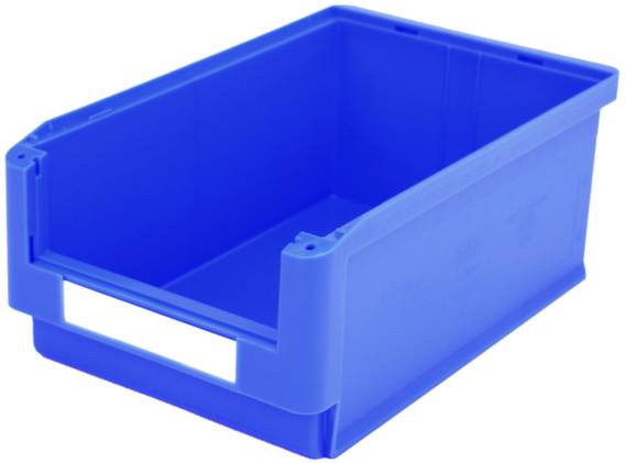 Blauer Kunststoffbehälter in rechteckiger Form, offen an der Oberseite und vorne. Zur Aufbewahrung geeignet.