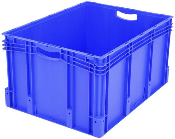 Blaue Kunststoffkiste mit offenen Griffen, leer und stabil gebaut, ideal zur Lagerung oder Transport von Waren.
