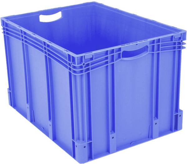 Eine blaue Kunststoffkiste mit offenen Seiten und Griffen.