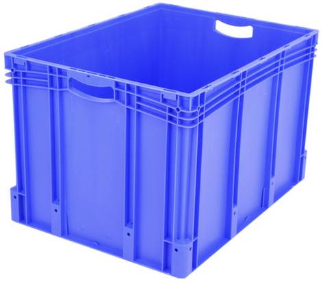 Eine blaue Kunststoffkiste mit Griffen, rechteckig und tief, geeignet zum Transport oder zur Aufbewahrung von Gegenständen.