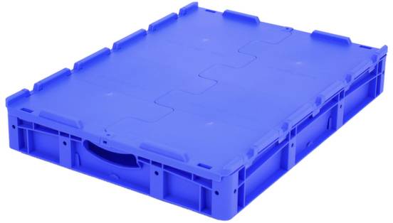 Blaue Kunststoffpalette mit Wabenstruktur, rechteckig, mit Grifföffnung an der Seite. Robust für den Transport von Waren geeignet.