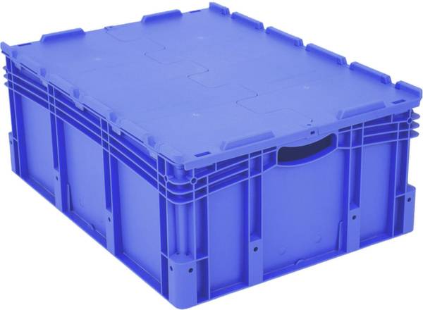 Blauer Kunststoffbehälter mit Deckel, stapelbar, rechteckige Form, verwendet für Lagerung und Transport von Waren.