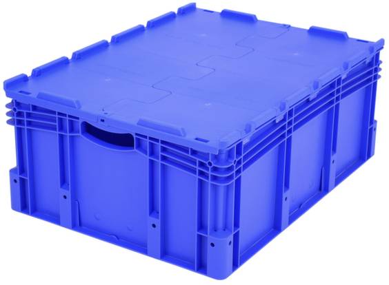 Blauer, rechteckiger Kunststoffbehälter mit Deckel, geeignet für Lagerung und Transport.