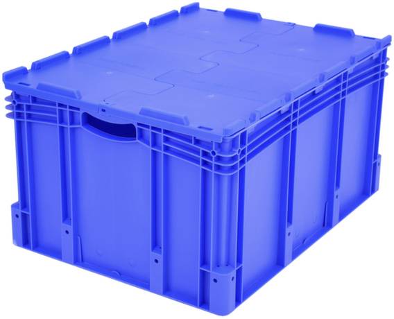 Blauer Lagerbehälter aus stabilem Kunststoff mit Deckel und Schlitzen an den Seiten, geeignet für Transport und Aufbewahrung.