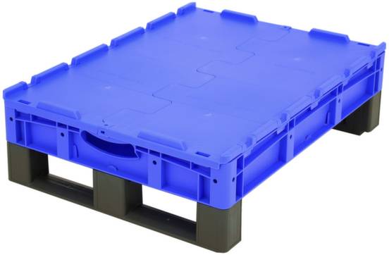 Blaue Kunststoffpalette mit stabilen, rechten Winkeln und dreifach verstärktem Unterbau, geeignet für den sicheren Warentransport.