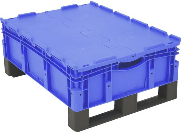 Blaue Kunststoffpalette mit geschlossenem Deckel auf schwarzem Untergestell. Geeignet für Lagerung und Transport von Waren.