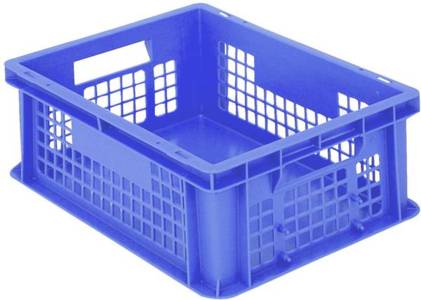 Blaue Kunststoffkiste mit Gittermuster und Griffen an den Seiten.