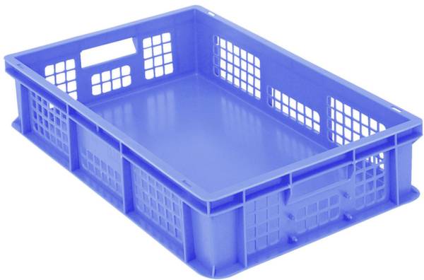 Blaue Kunststoffkiste mit rechteckiger Form und Gitterseiten. Ideal zur Aufbewahrung oder zum Transport von Waren.