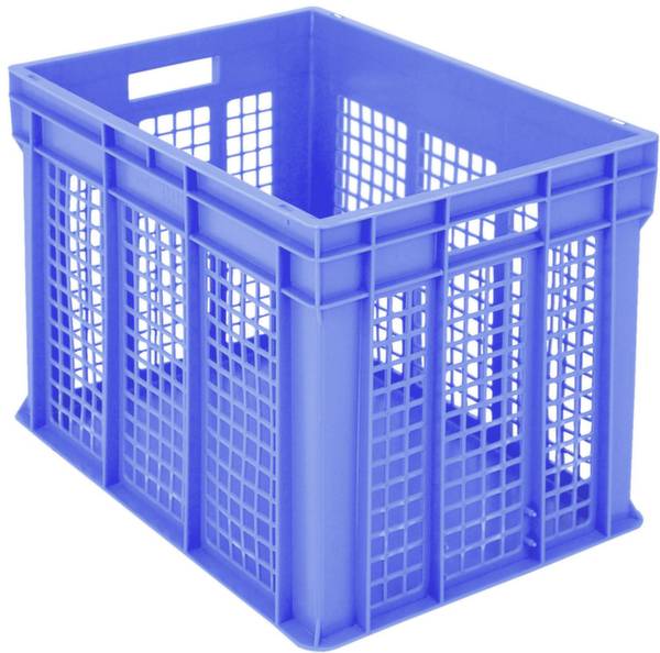 Blaue Kunststoffkiste mit Gitterdesign, rechteckige Form, geeignet für Lagerung oder Transport.