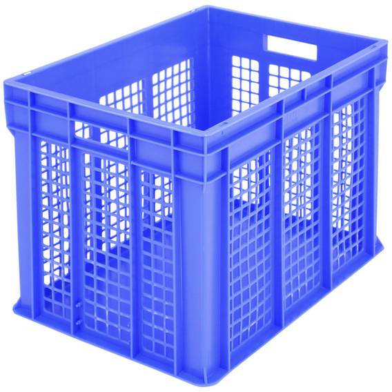 Blaue Kunststoffkiste mit offenen, gitterartigen Wänden, ideal zur Lagerung oder Transport von Gegenständen.