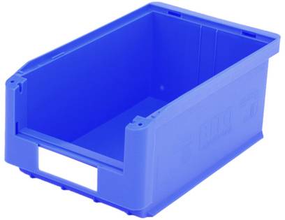 Ein blauer Aufbewahrungsbehälter aus Kunststoff mit offenem Vorderteil, ideal zur Lagerung von Gegenständen.