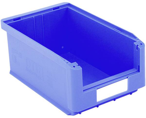 Eine blaue Kunststofflagerbox mit offener Vorderseite, geeignet zur Aufbewahrung und Organisation von kleineren Gegenständen.