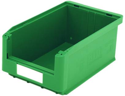 Grüne Kunststoffkiste mit geöffnetem Vorderteil, geeignet zur Lagerung und Organisation von Gegenständen.