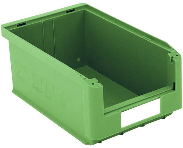 Grüne Plastikbox mit offenem Deckel, geeignet zum Lagern oder Organisieren von Gegenständen.
