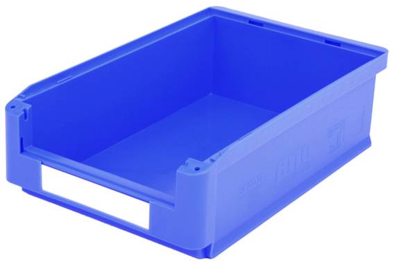 Blauer, rechteckiger Kunststoffbehälter mit offenem Deckel. Geeignet für Lagerung und Organisation von Gegenständen.