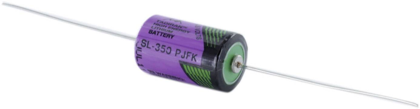 Eine zylindrische, lila Lithium-Batterie mit der Aufschrift 'SL-350 P/JFK', installiert in einer elektrischen Schaltung.