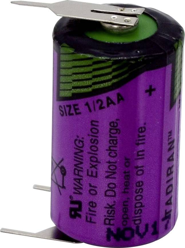 Lila Batterie der Größe 1/2 AA mit Warnhinweis vor Feuer oder Explosion, nicht aufladbar.