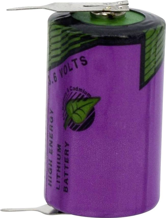 Eine lila Lithiumbatterie mit grünen und schwarzen Akzenten. Aufschrift '3.6 VOLTS' und 'HIGH ENERGY'.