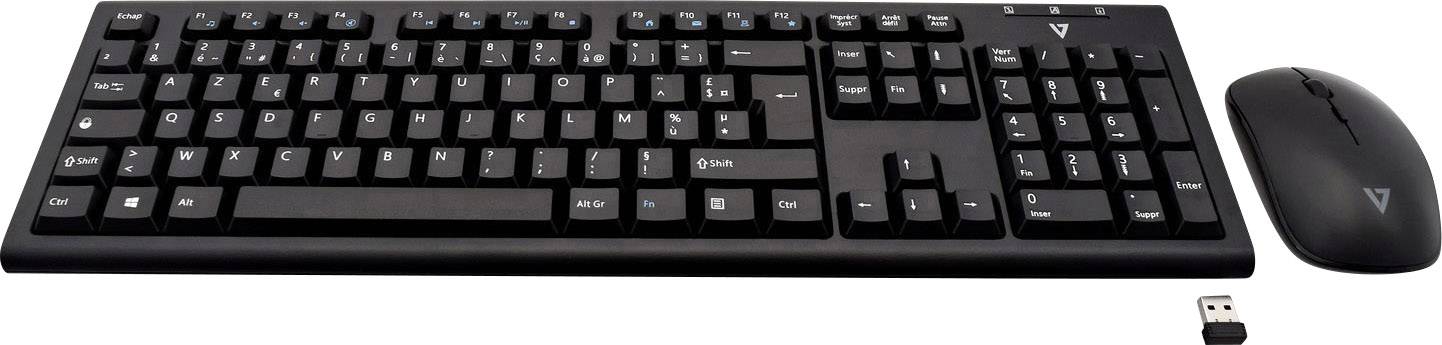 V7 Videoseven CKW200FR Funk Tastatur, Maus-Set Spritzwassergeschützt Französisch, AZERTY Schwarz