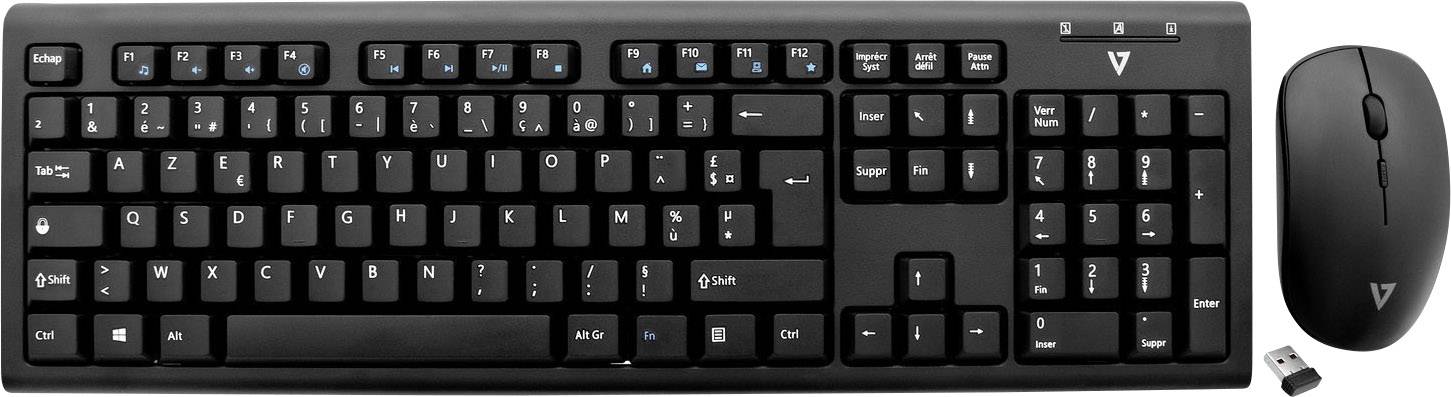 V7 Videoseven CKW200FR Funk Tastatur, Maus-Set Spritzwassergeschützt Französisch, AZERTY Schwarz