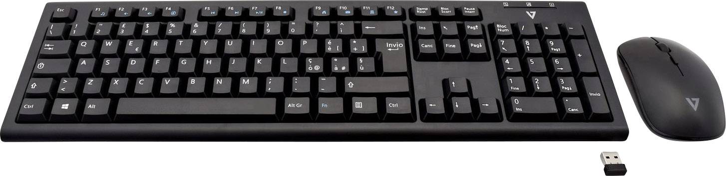 V7 Videoseven CKW200IT Funk Tastatur, Maus-Set Spritzwassergeschützt Italienisch, QWERTY Schwarz