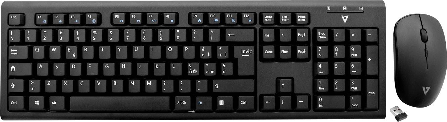 V7 Videoseven CKW200IT Funk Tastatur, Maus-Set Spritzwassergeschützt Italienisch, QWERTY Schwarz