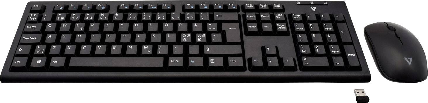V7 Videoseven CKW200NORD Funk-Tastatur,- Maus-Set Spritzwassergeschützt Nordisch, QWERTY Schwarz
