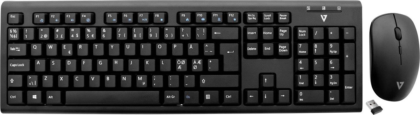 V7 Videoseven CKW200NORD Funk-Tastatur,- Maus-Set Spritzwassergeschützt Nordisch, QWERTY Schwarz