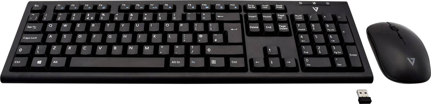 V7 Videoseven CKW200UK Funk Tastatur, Maus-Set Spritzwassergeschützt Englisch, QWERTY Schwarz
